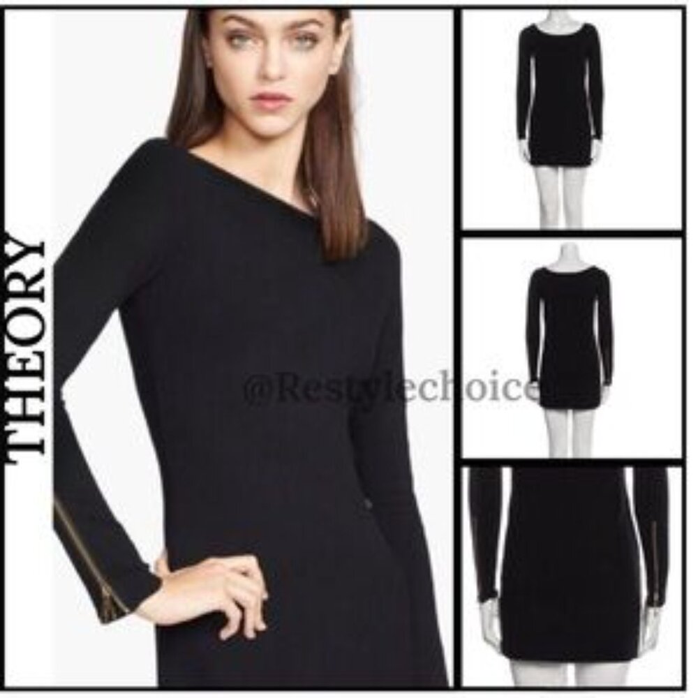 Theory Black/Gold Kalion Long Sleeve Shift Dress zippers on sleeves SZ M